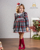 Abuela Tata AW25 - Girls Grey & Red Tartan Dress & Headpiece