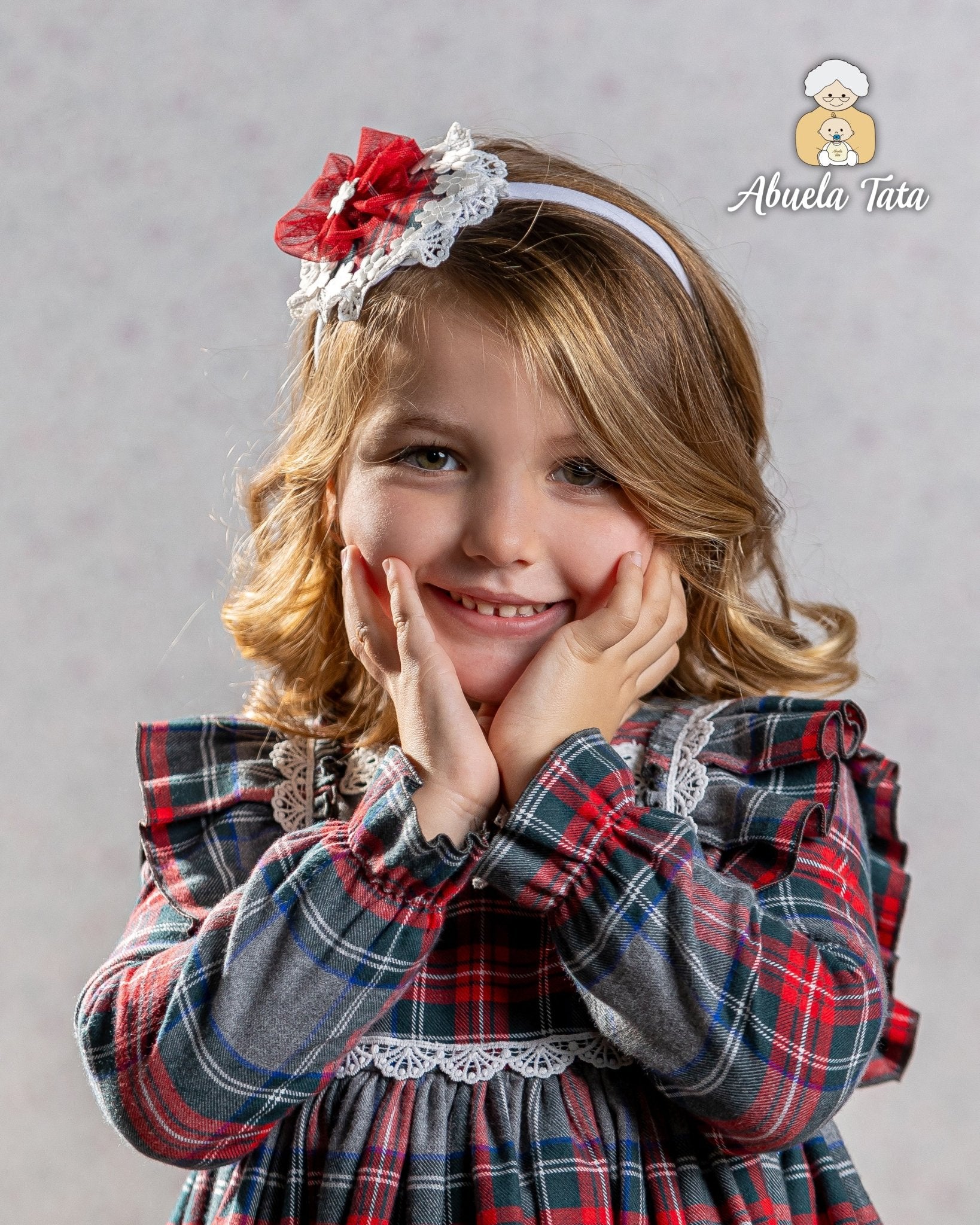 Abuela Tata AW25 - Girls Grey & Red Tartan Dress & Headpiece