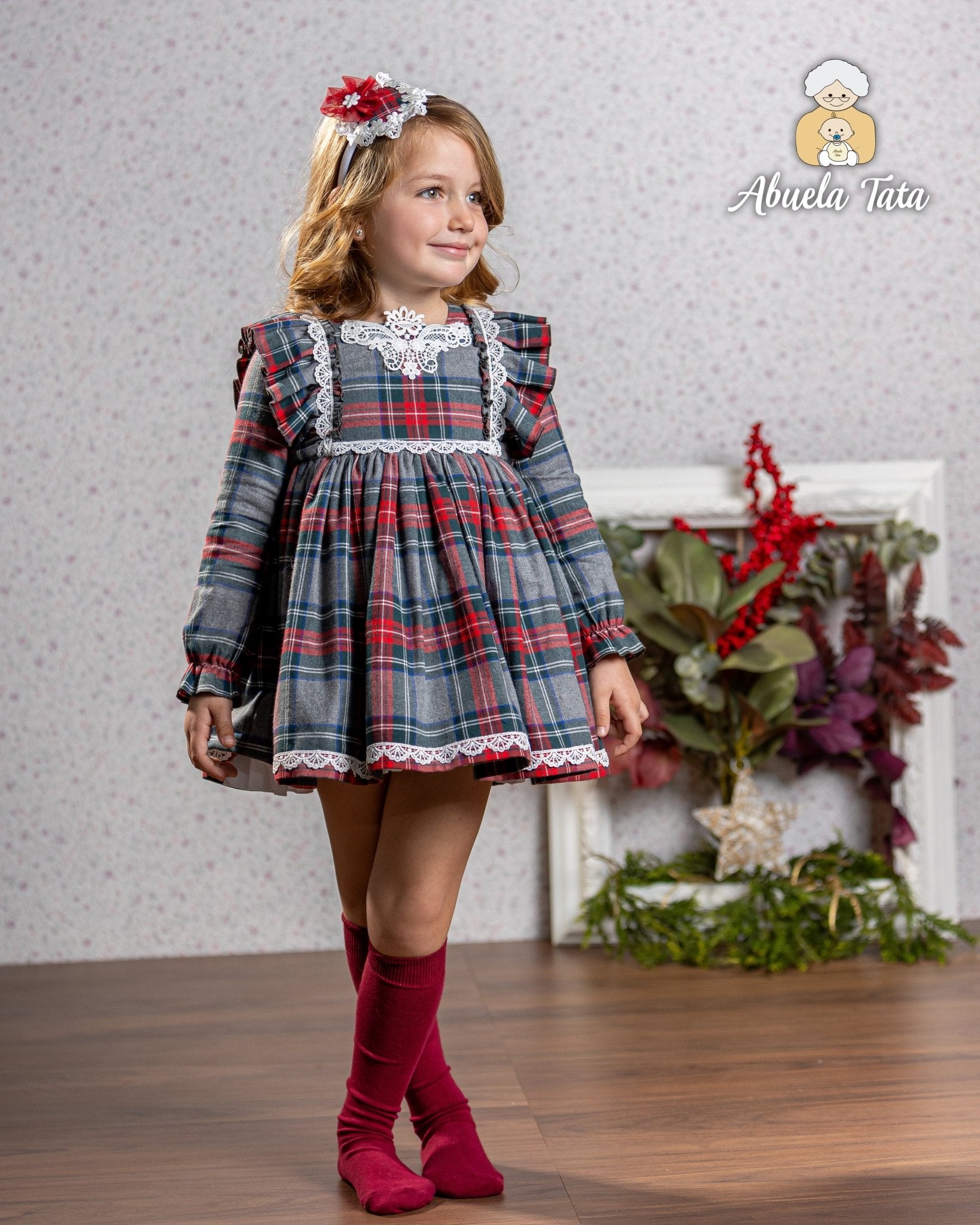 Abuela Tata AW25 - Girls Grey & Red Tartan Dress & Headpiece