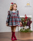 Abuela Tata AW25 - Girls Grey & Red Tartan Dress & Headpiece