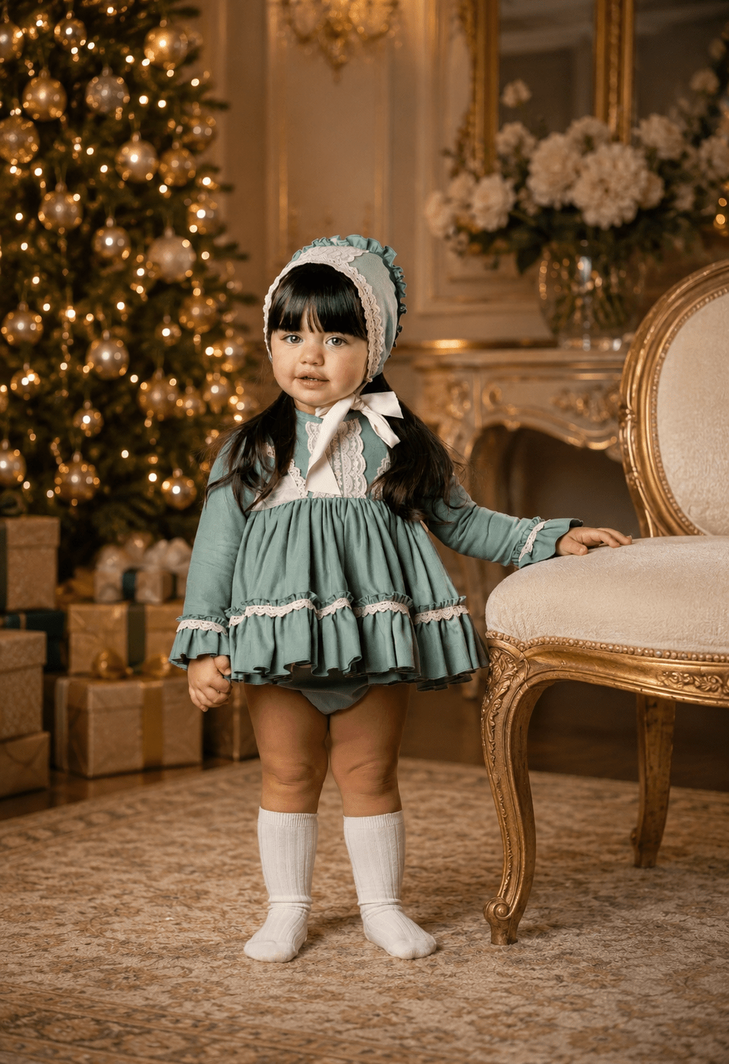 Abuela Tata Baby Girls Green & Ivory Dress, Knickers and Bonnet | AW26 PRE-ORDER