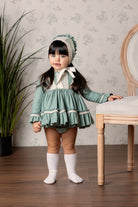 Abuela Tata baby girls sage green Spanish dress with matching bonnet AW26