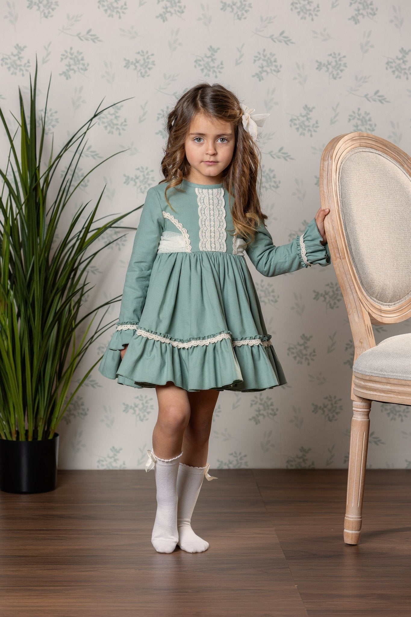 Abuela Tata girls sage green Spanish dress with matching headpiece AW26