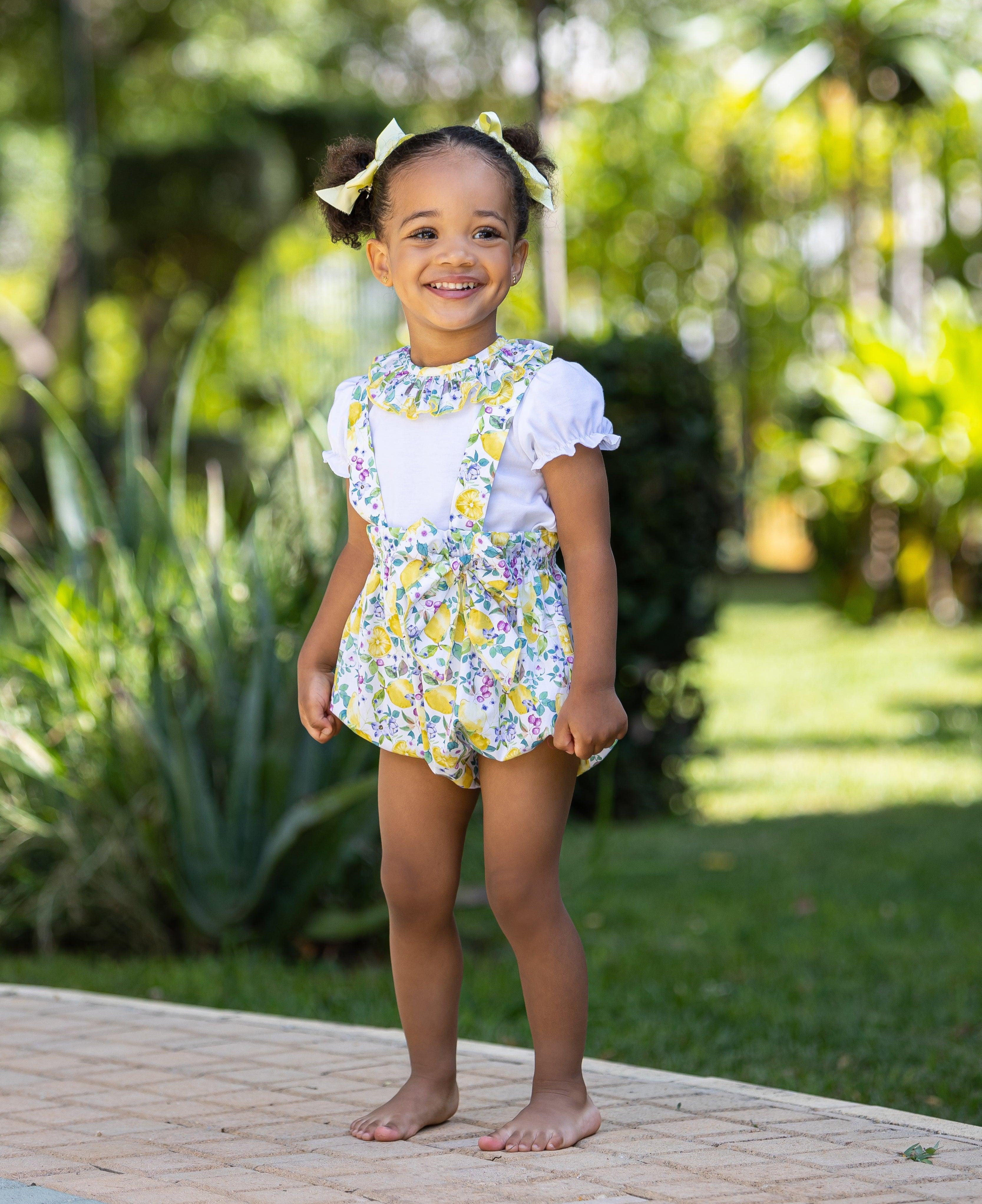 Abuela Tata SS24 - Baby Girls White, Lemon & Purple Jam Pants & Top Set 355 - Mariposa Children's Boutique