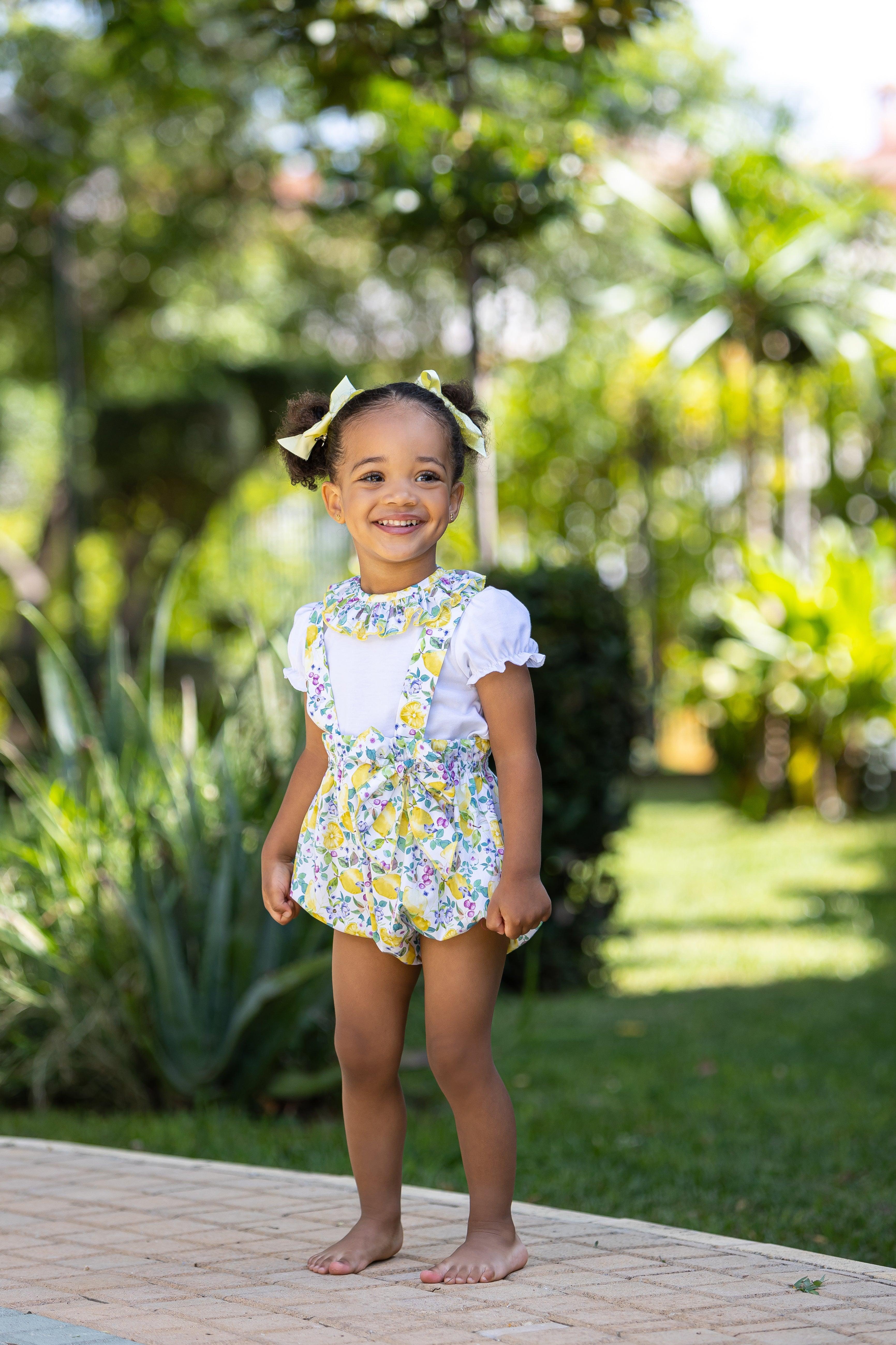 Abuela Tata SS24 - Baby Girls White, Lemon & Purple Jam Pants & Top Set 355 - Mariposa Children's Boutique