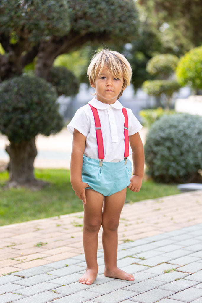Abuela Tata SS24 - Boys Turquoise Blue Shorts, Braces & Matching Shirt - Mariposa Children's Boutique