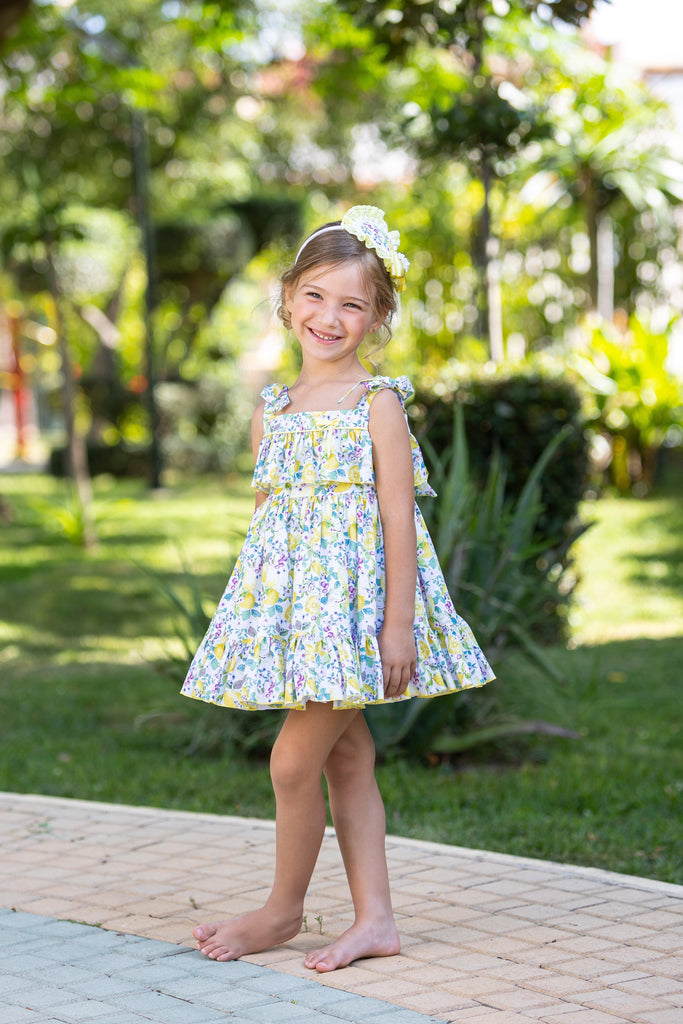 Abuela Tata SS24 - Girls Floral & Lemons Print Summer Dress 355 - Mariposa Children's Boutique