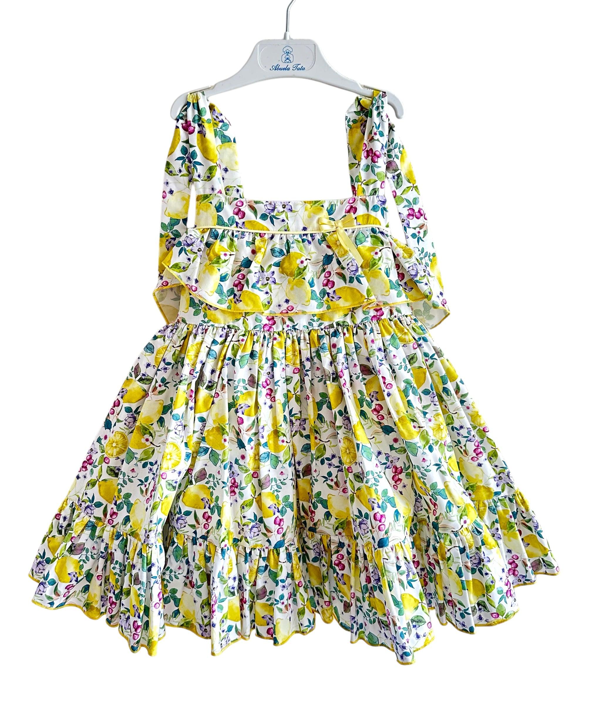 Abuela Tata SS24 - Girls Floral & Lemons Print Summer Dress 355 - Mariposa Children's Boutique