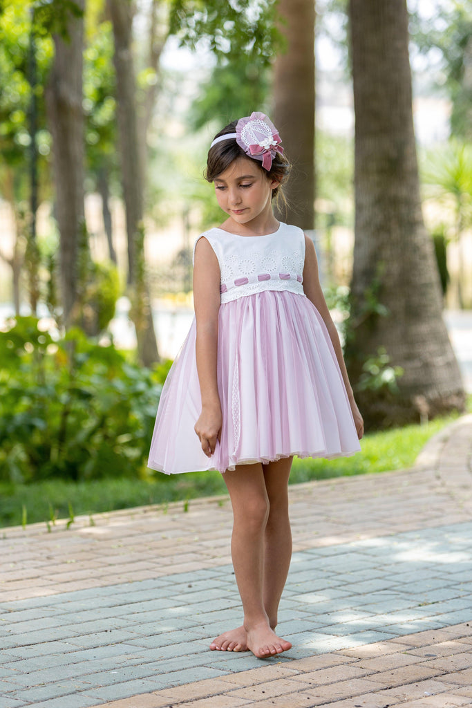 Abuela Tata SS24 - Girls Ivory & Dusky Pink Tulle Dress & Headpiece 360 - Mariposa Children's Boutique
