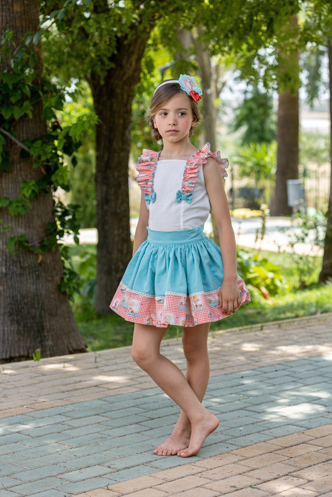 Abuela Tata SS24 - Girls Turquoise & White Skirt & Blouse Set 352 - Mariposa Children's Boutique