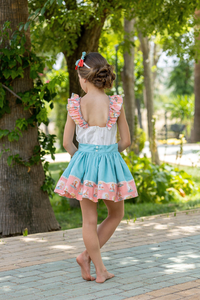 Abuela Tata SS24 - Girls Turquoise & White Skirt & Blouse Set 352 - Mariposa Children's Boutique