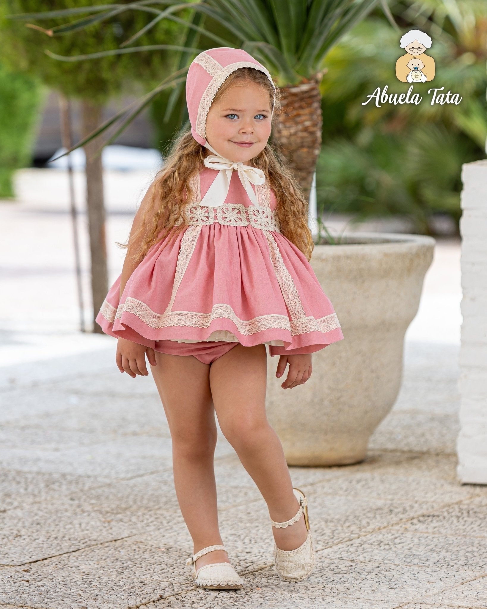 Abuela Tata baby girls dress pink lace puffball Spanish outfit