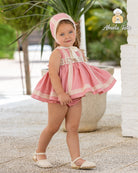 Abuela Tata baby girls pink puffball dress lace bonnet SS26