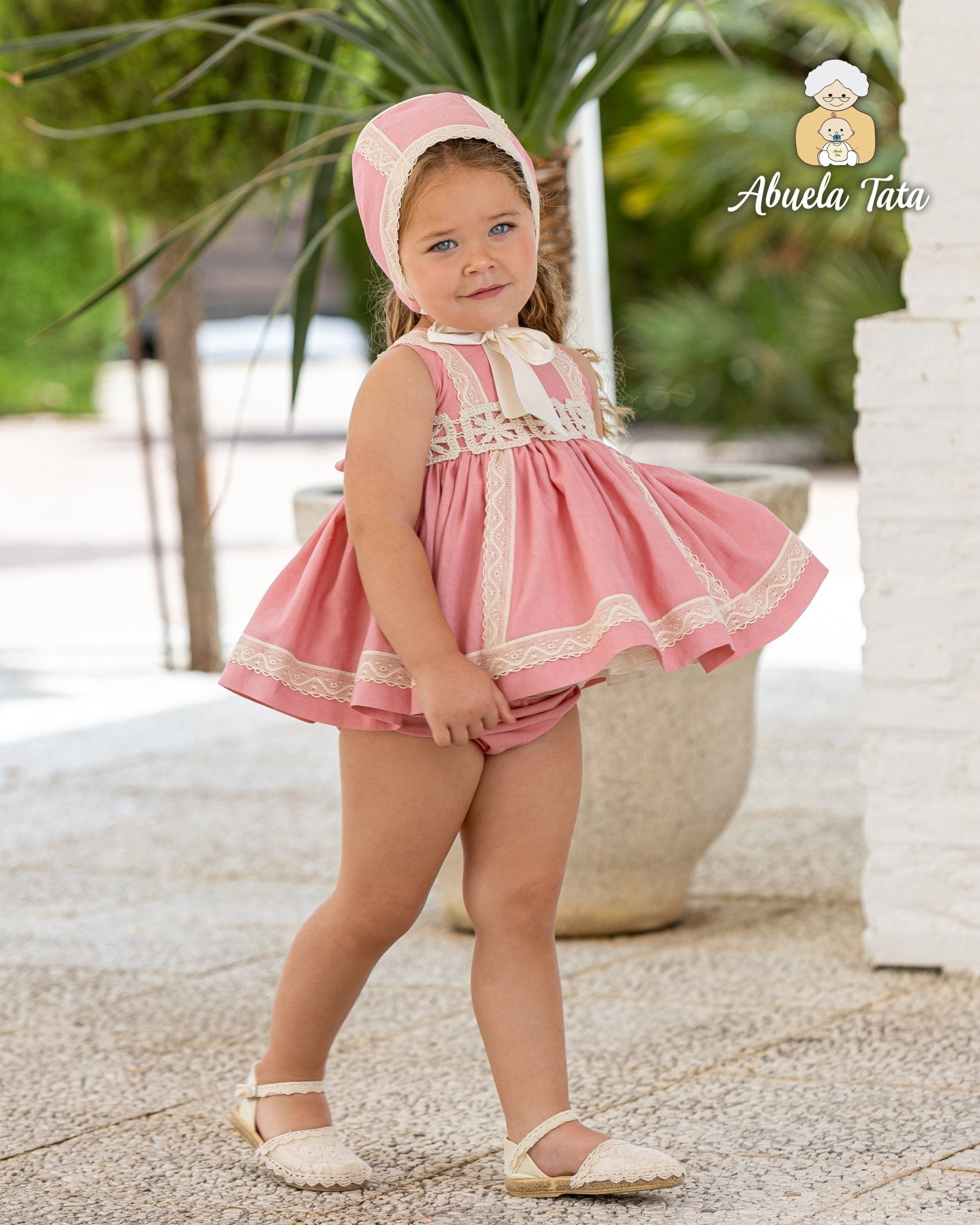 Abuela Tata baby girls pink puffball dress lace bonnet SS26