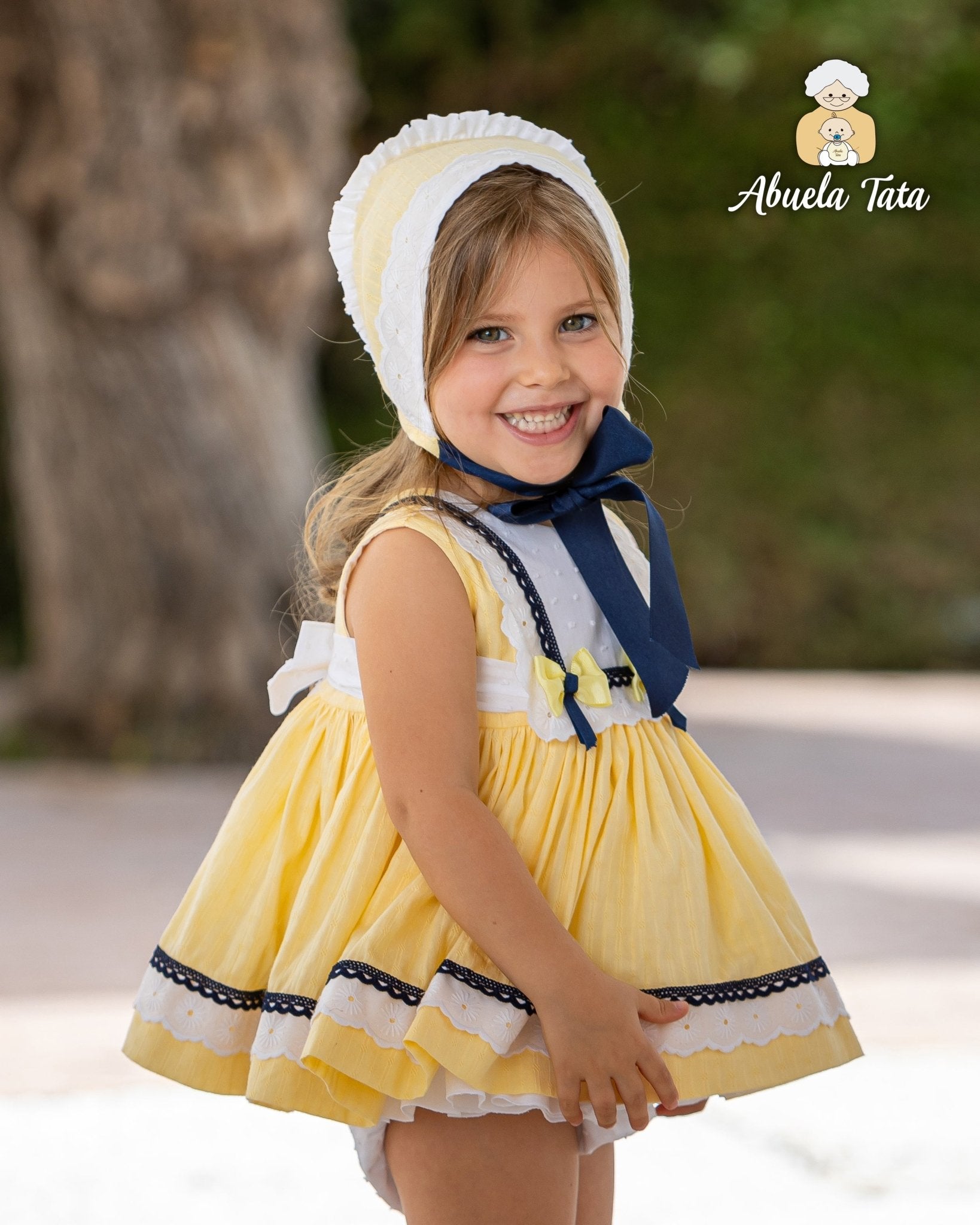 Abuela Tata SS26 - Baby Girls Yellow, White and Navy Dress, Knickers and Bonnet