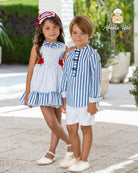 Boys Spanish outfit navy striped shirt white shorts Abuela Tata
