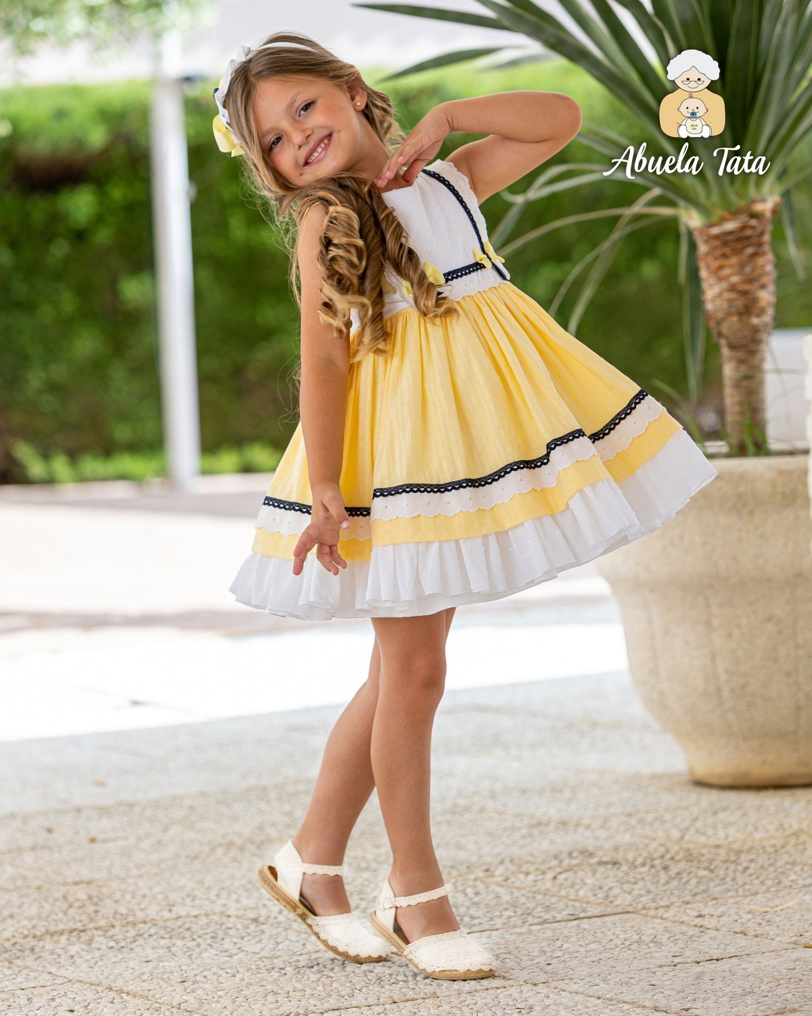 Girls Spanish yellow white & navy summer dress and headpiece by Abuela Tata.