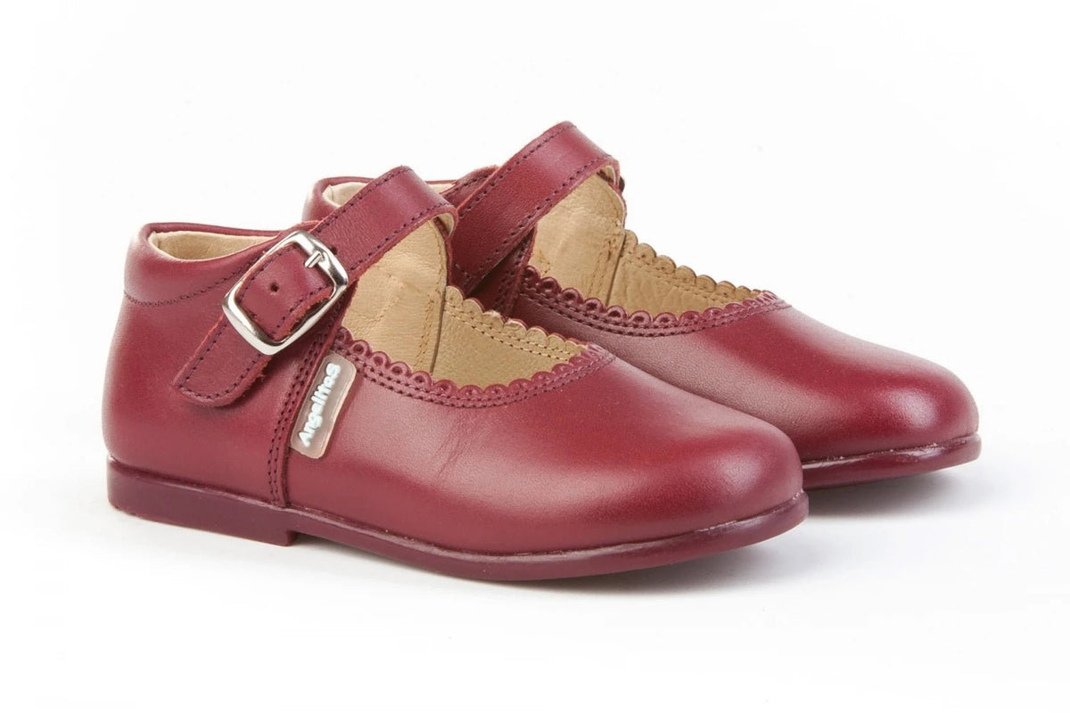 Angelitos Girls Burgundy Mary Jane Leather Shoes | Made in Spain