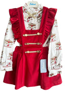 Perfect for Christmas girls red velvet pinafore dress with gold detailing and matching christmas print carousel blouse. 