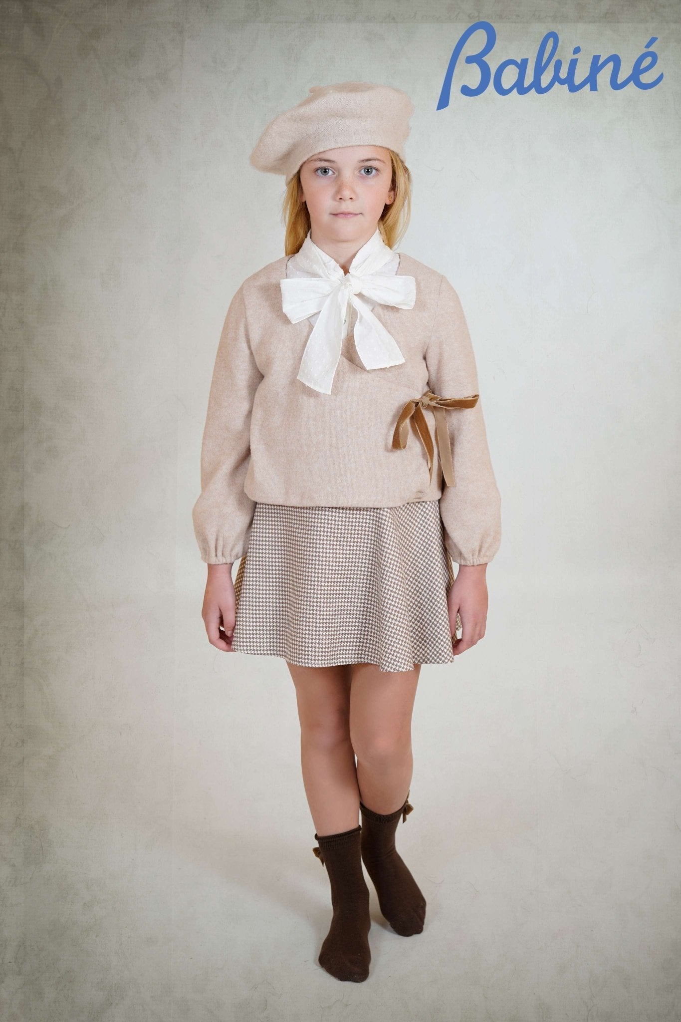 Babine AW25 PRE - ORDER - Girls Camel Check Skirt Set, Blouse & Jumper Set