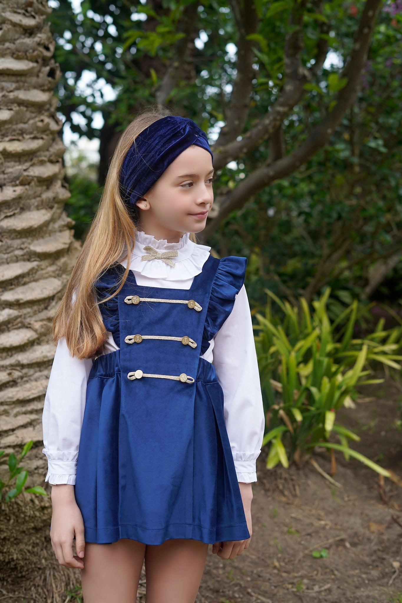 Babine AW25 PRE - ORDER - Girls Navy & Gold Velvet Pinafore Dress & Blouse