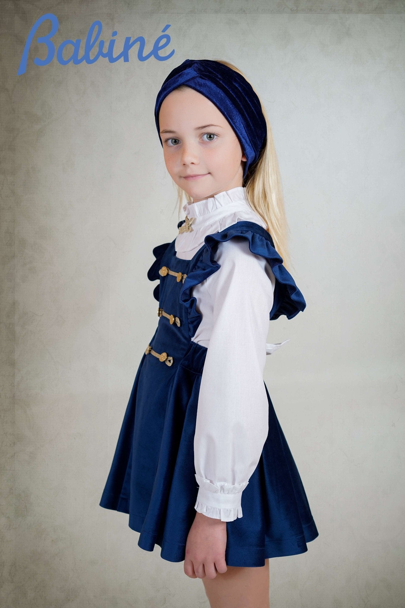 Babine AW25 PRE - ORDER - Girls Navy & Gold Velvet Pinafore Dress & Blouse