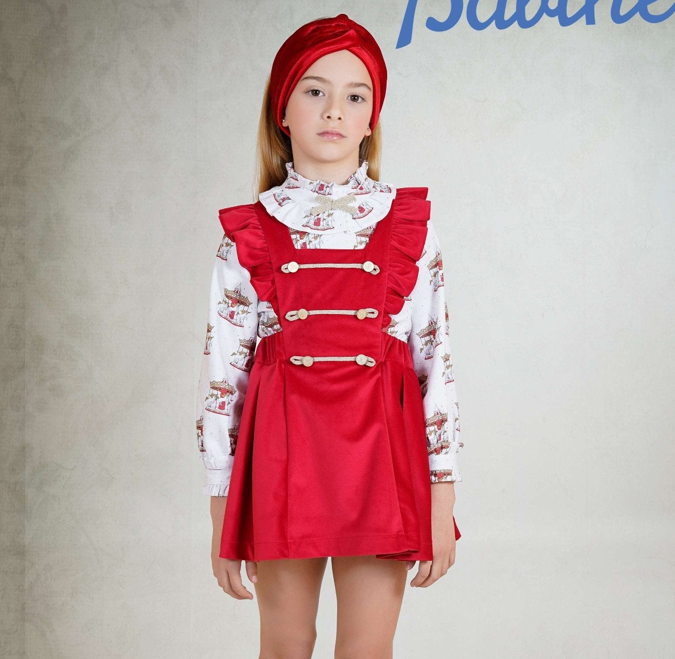 Babine AW25 PRE - ORDER - Girls Red & Gold Pinafore Dress & Blouse