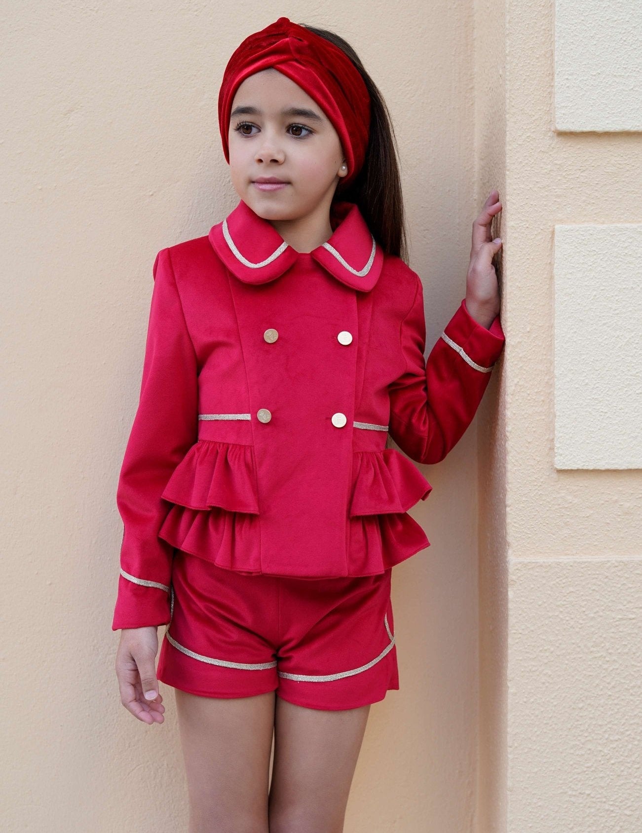 Babine AW25 Girls Red Velvet Shorts Jacket Set Spanish Style