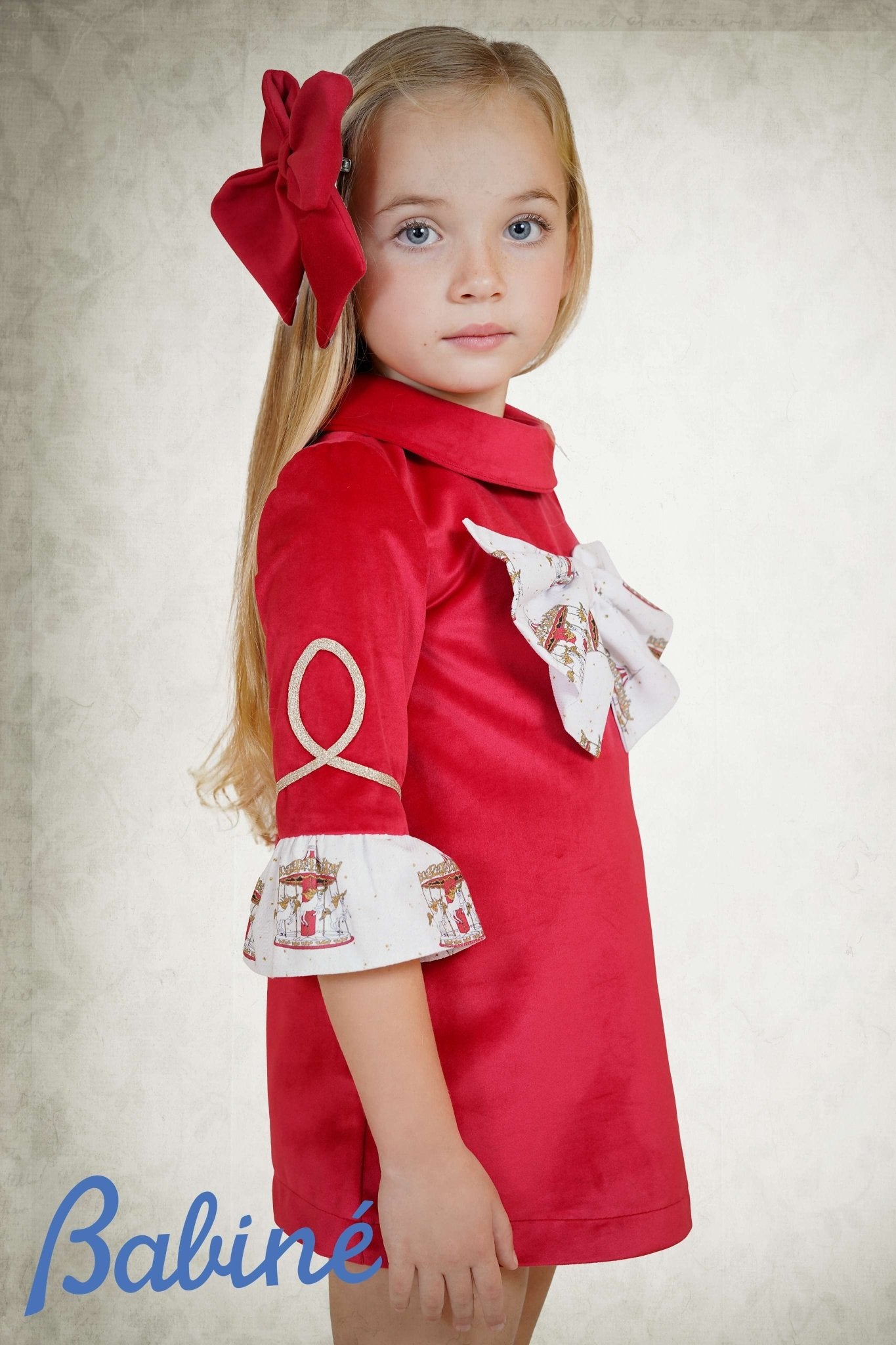 Babine AW25 PRE - ORDER - Girls Red Velvet Dress with Bow Detail