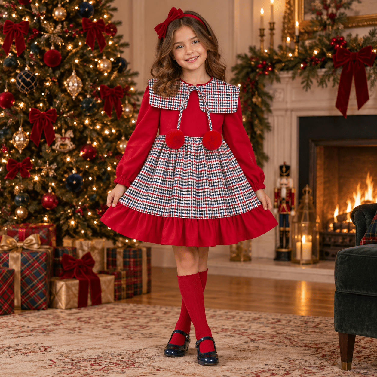 Babine Girls Red & Navy Dogtooth Dress Age 10 | Clearance Sale