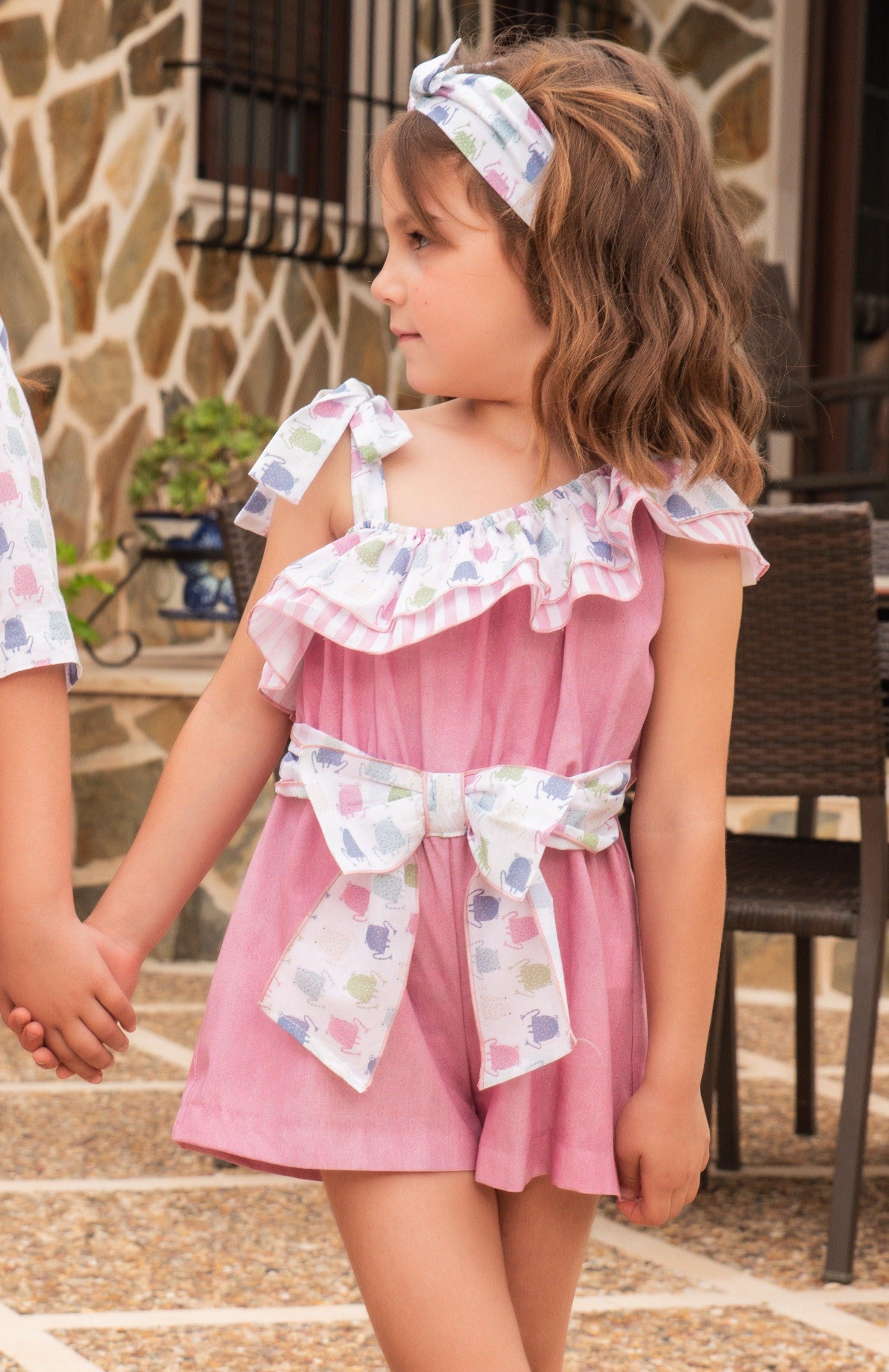 Babine SS24 - Girls Pink Asymmetric Playsuit - Mariposa Children's Boutique