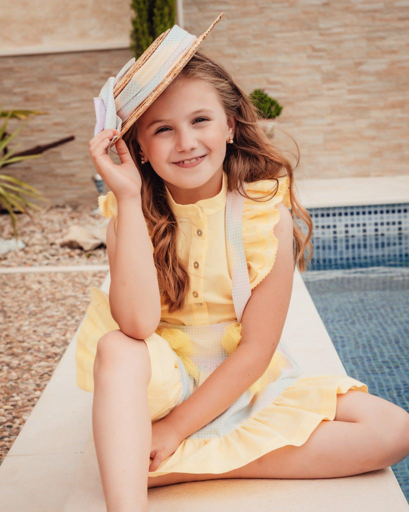 Babine SS24 - Girls Yellow Pastel Blouse & Pinafore Skirt Set - Mariposa Children's Boutique