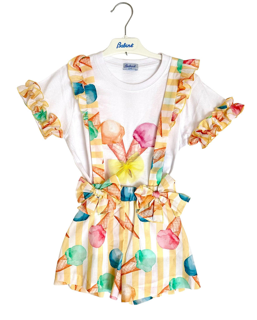 Babine SS24 - Girls Yellow Print Ice-Cream Short Dungarees & T-Shirt Set - Mariposa Children's Boutique