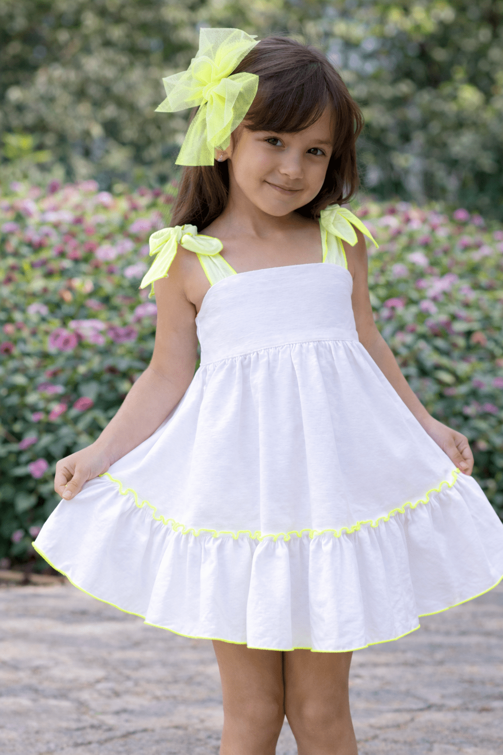 Babine SS26 - Girls White & Neon Yellow Trim Dress