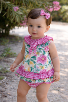 Baby girls Pink and Lemons dress and knickers summer set by Babine for SS26.  