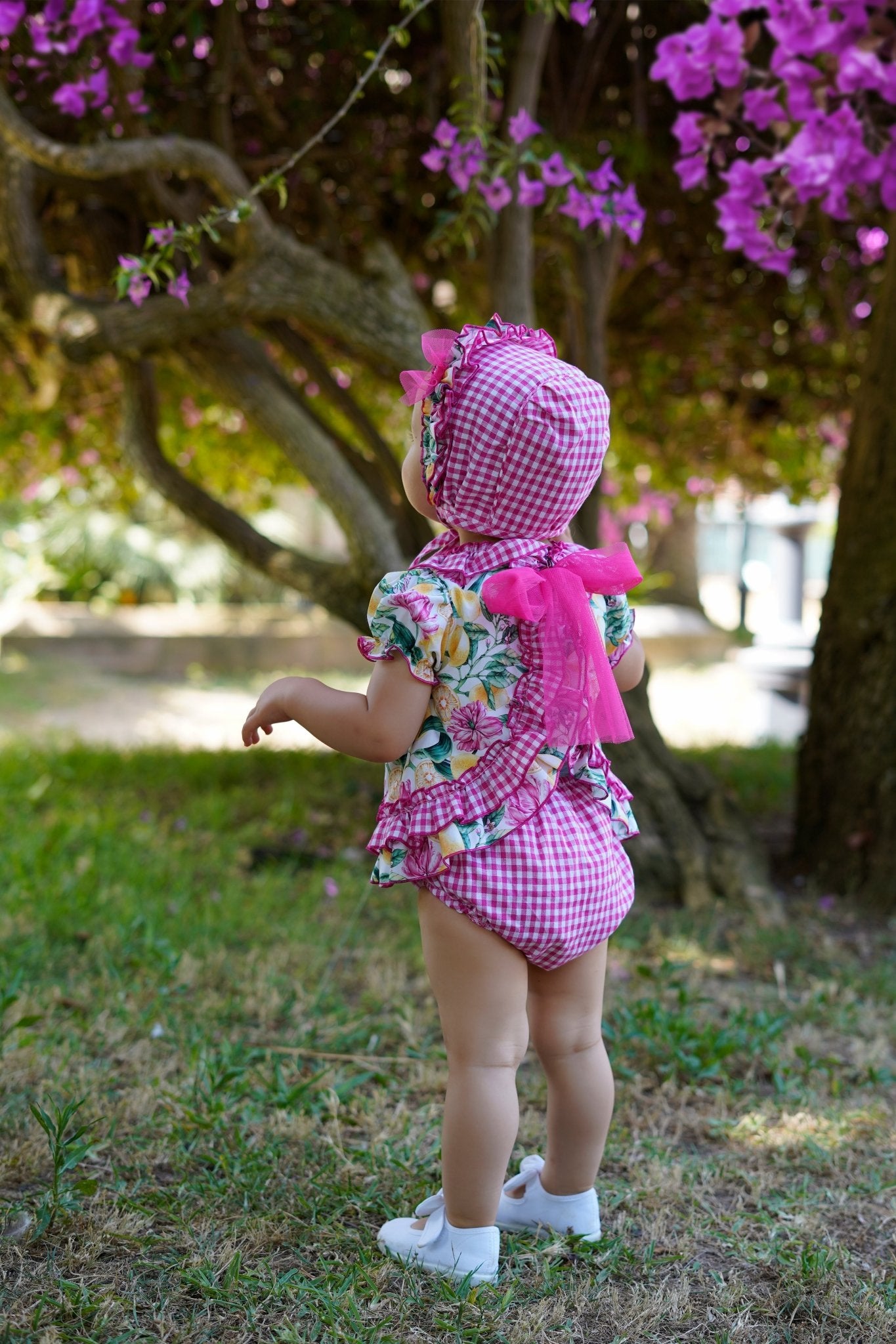Baby girls Pink and Lemons dress and knickers summer set by Babine for SS26.  