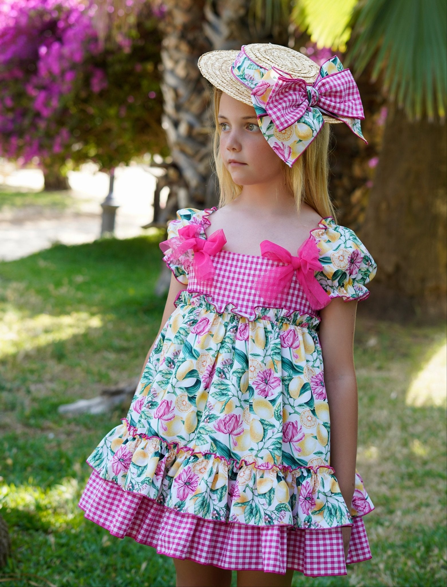 Babine SS26 girls hot pink and lemons collection dress for summer.  Matching Sombrero Hat.  