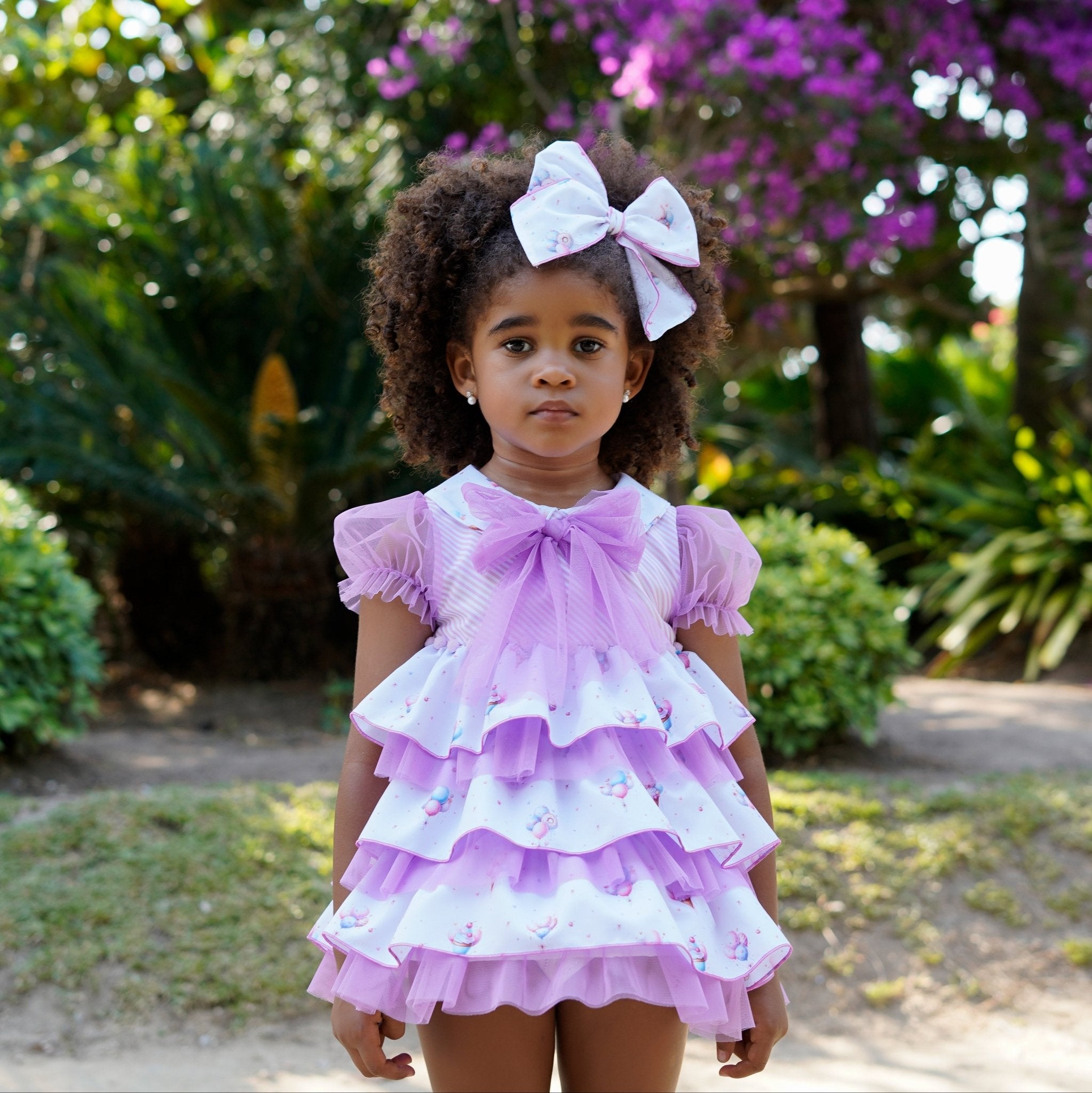 Babine SS26 Girls Lilac Balloons Collection Ruffled Tiered and Tulle Dress in Lilac. 