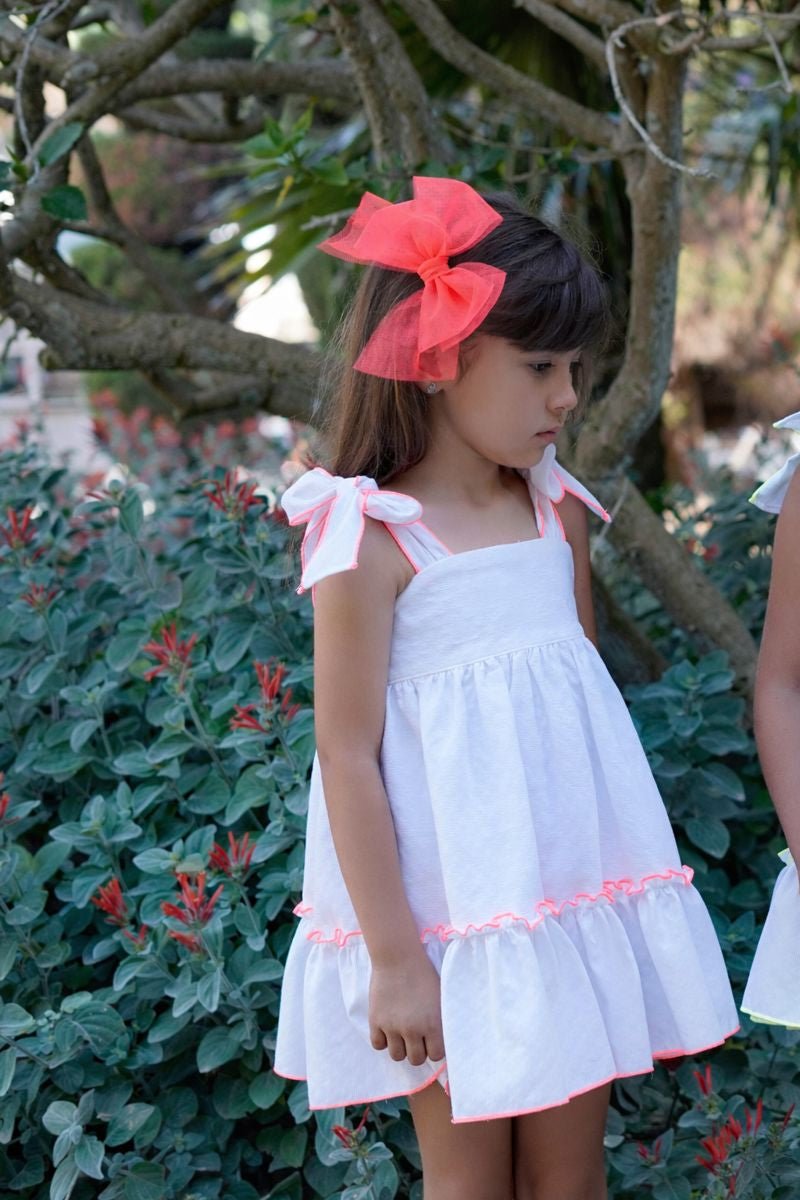 Babine SS26 PRE - ORDER - Girls White & Neon Orange Trim Dress