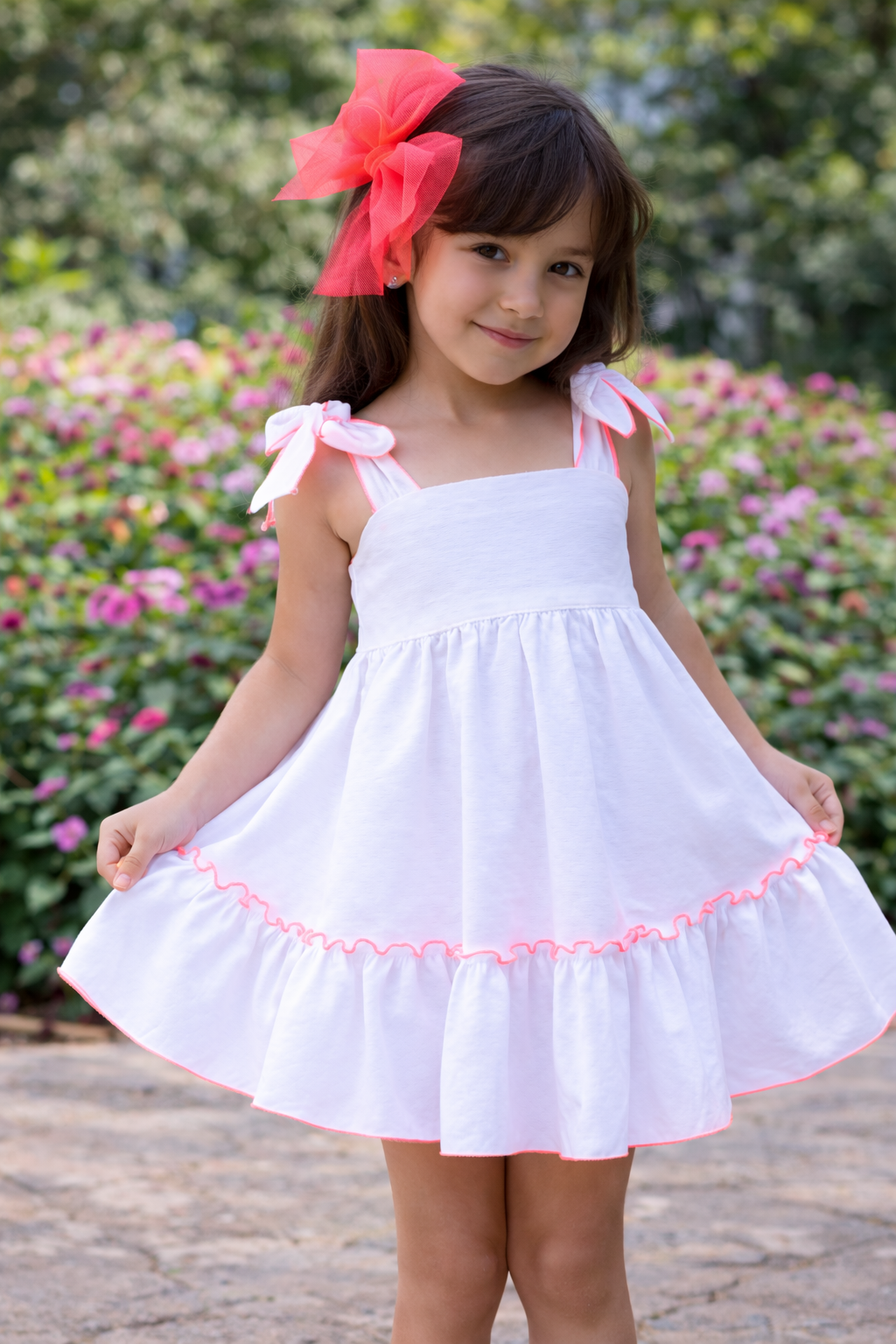 Babine SS26 PRE - ORDER - Girls White & Neon Orange Trim Dress