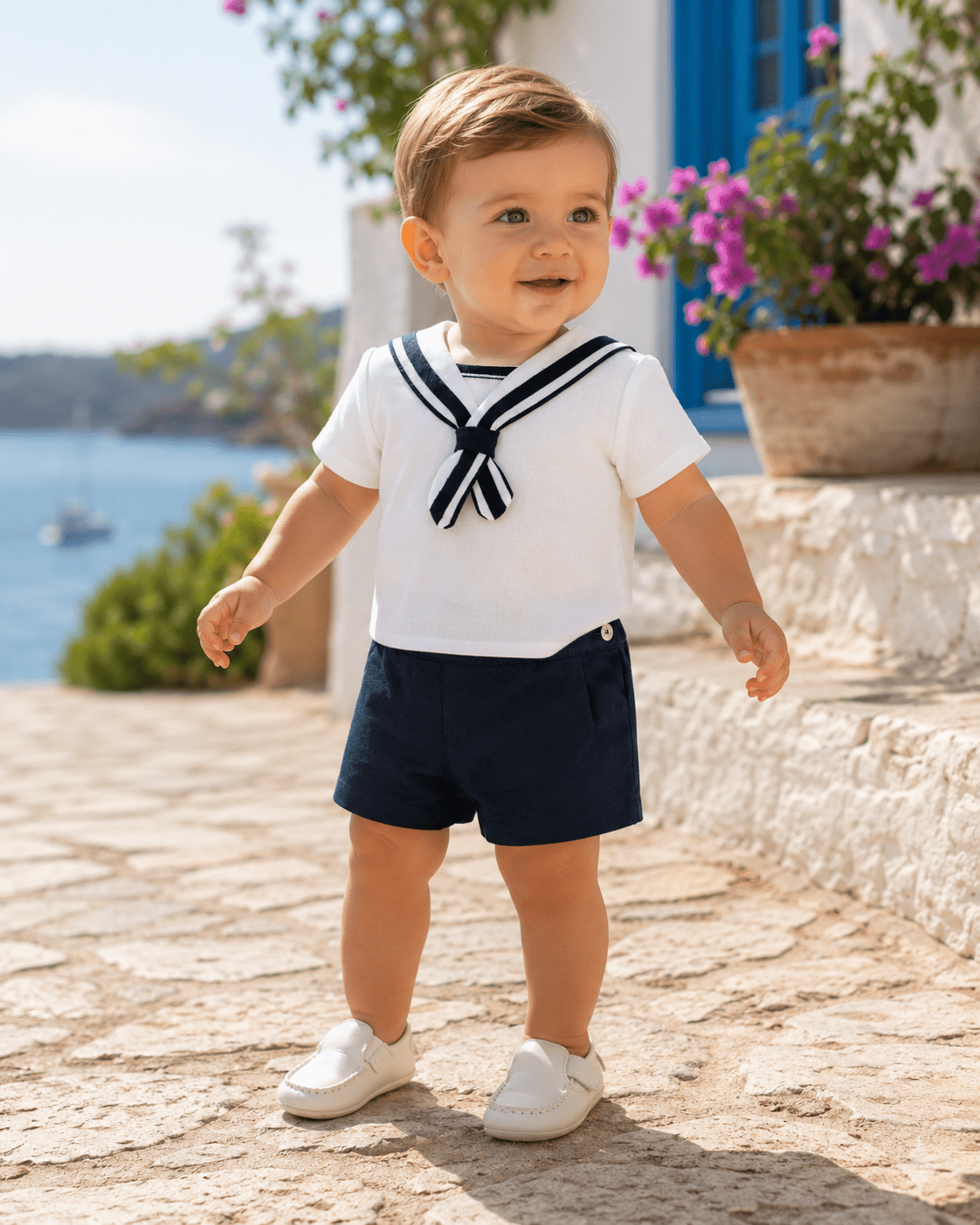 A toddler boy wearing a white short-sleeve sailor shirt with navy blue trim and a matching navy blue shorts, standing outdoors on a stone path near a blue window and potted flowers.