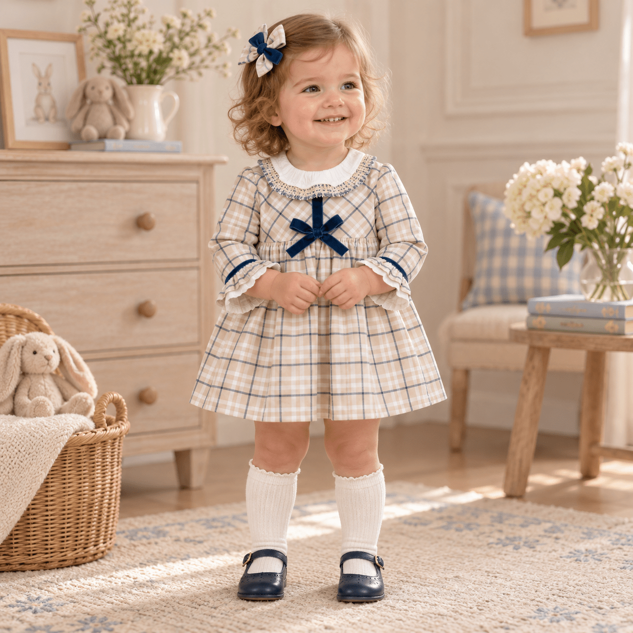 Basmarti Baby Girls Beige Check Dress with Blue Bow | AW26