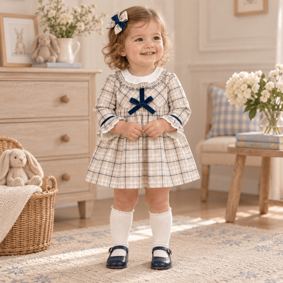 Basmarti Baby Girls Beige Check Dress with Blue Bow | AW26