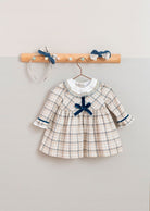 Basmarti Baby Girls Beige Check Dress with Blue Bow | AW26