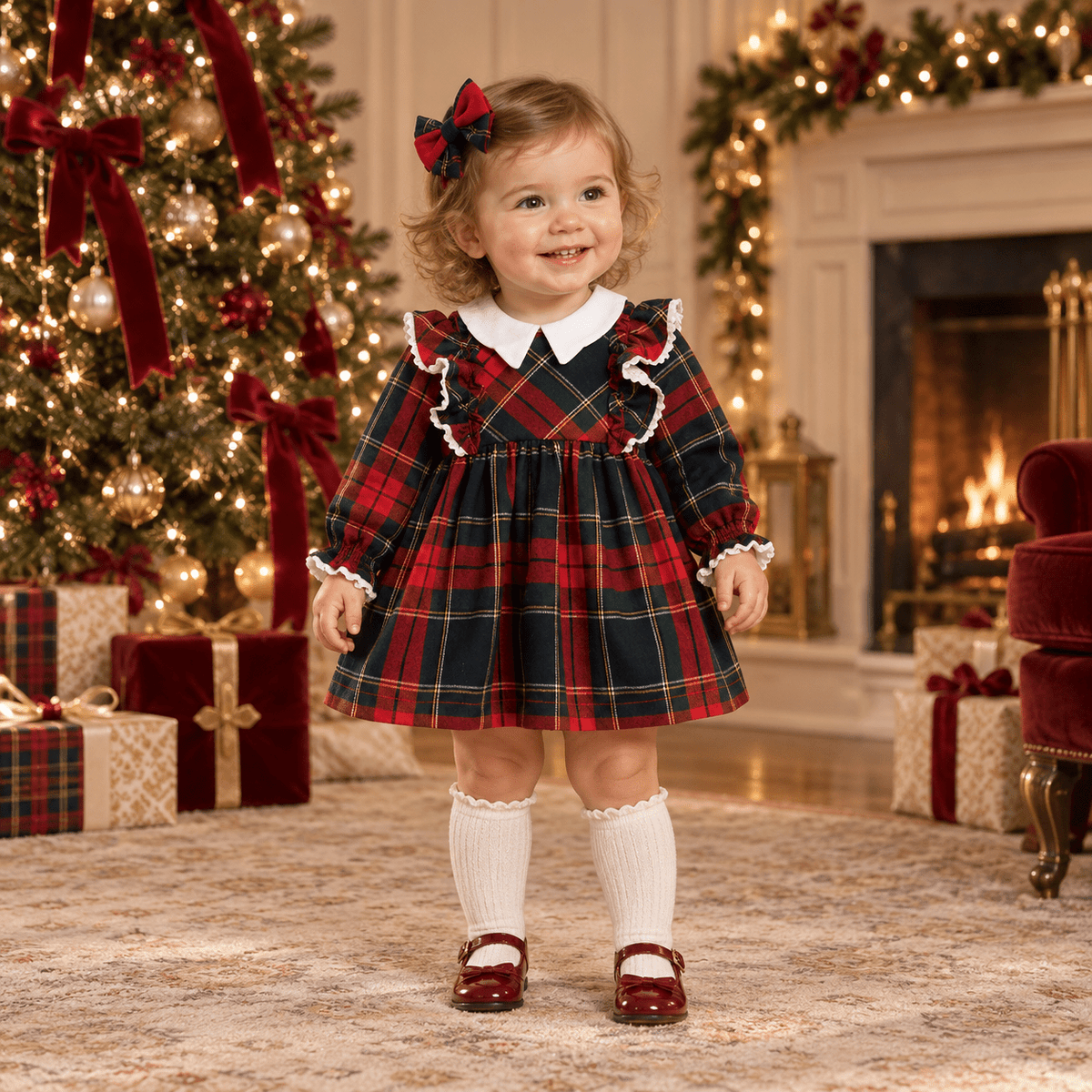 Basmarti Baby Girls Red & Green Tartan Dress | AW26