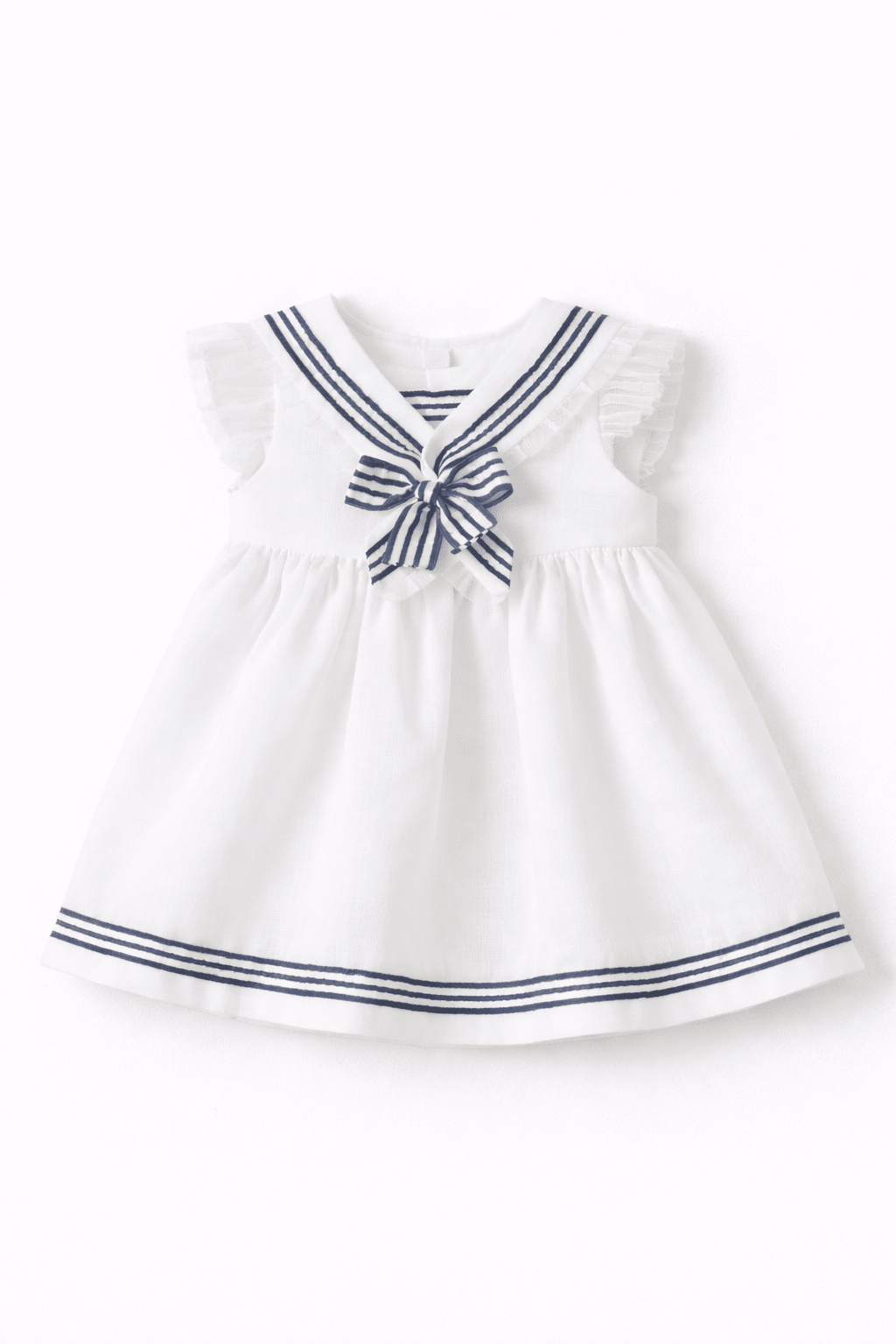 White dress with navy blue stripes and bow on a white background