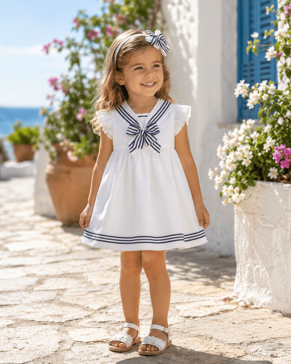 A young girl wearing a white sleeveless sailor-style dress with navy blue trim and a matching headband, standing outdoors on a stone path with flowers and a blue shuttered window in the background.