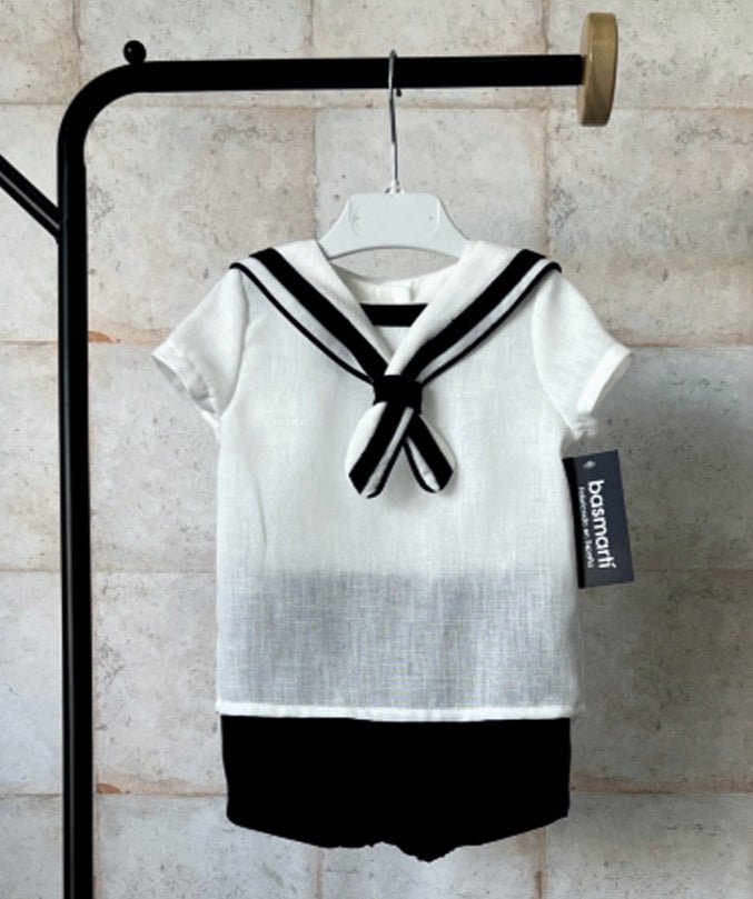 Navy tailored shorts from Basmarti Siroko baby boys Spanish outfit with matching White sailor shirt with navy trim detail