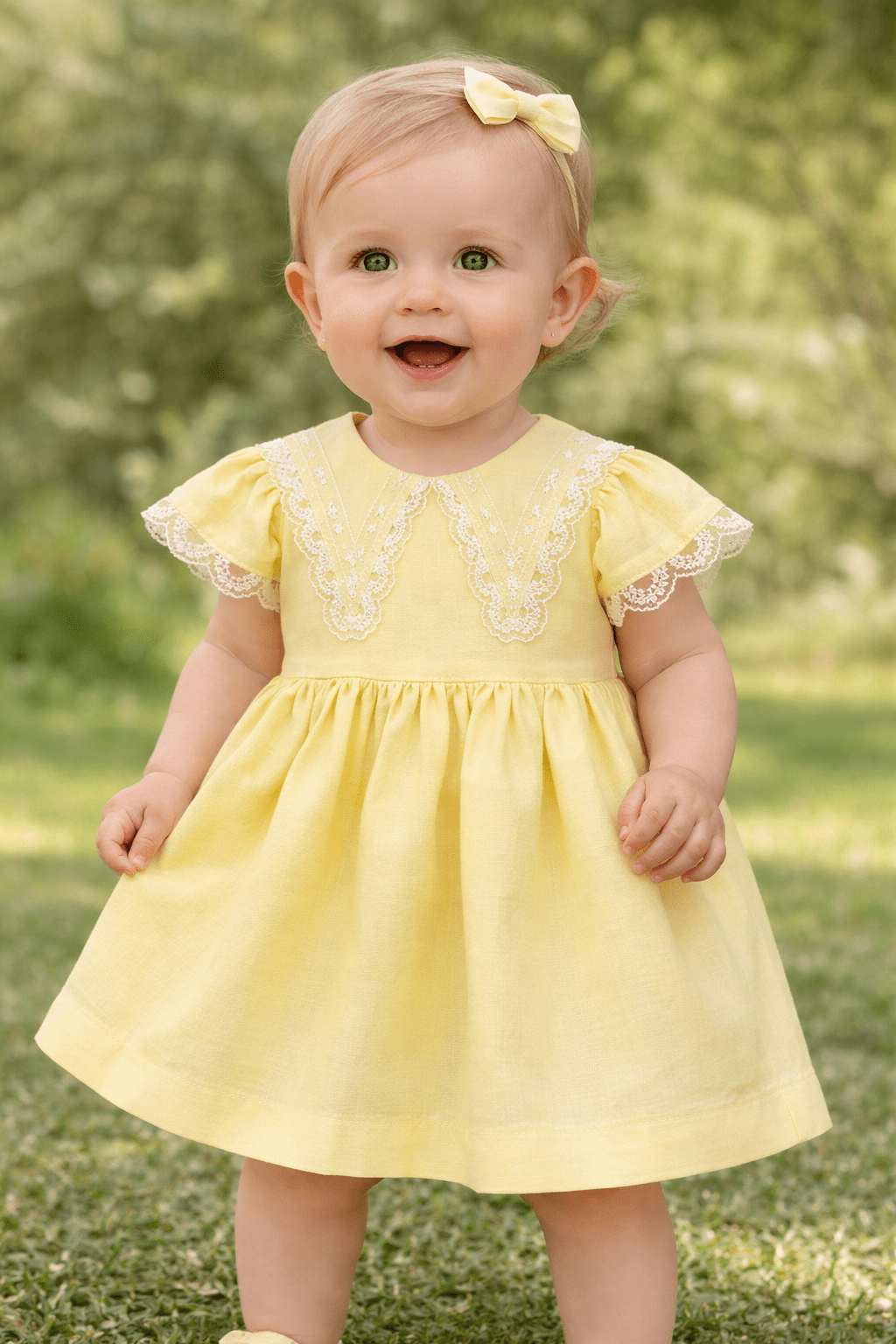Basmarti baby girls lemon yellow dress with lace collar detail, Spanish linen cotton dress for Easter and summer from the SS26 collection.