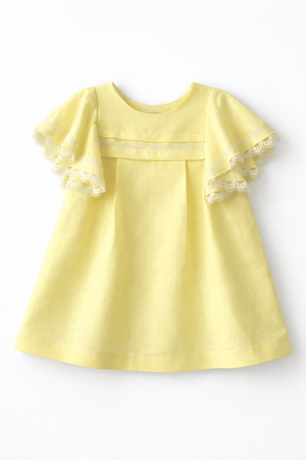 Basmarti SS26 girls lemon yellow dress with lace trim sleeves, Spanish children's wear summer occasion dress.